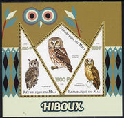Mali 2015 Owls perf sheetlet containing one diamond shaped & two triangular values unmounted mint