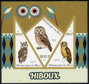 Mali 2015 Owls imperf sheetlet containing one diamond shaped & two triangular values unmounted mint