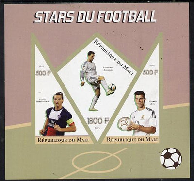 Mali 2015 Football Stars imperf sheetlet containing one diamond shaped & two triangular values unmounted mint