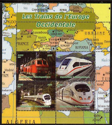 Madagascar 2015 Trains of Europe perf sheetlet containing 4 values unmounted mint. Note this item is privately produced and is offered purely on its thematic appeal, it has no postal validity