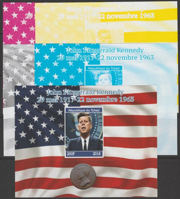 Chad 2018 John Fitzgerald Kennedy - imperf set of 5 progressive sheets comprising the 4 individual colours and completed design unmounted mint. Note this item is privately produced and is offered purely on its thematic appeal