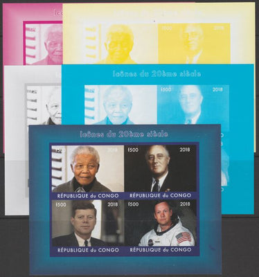 Congo 2018 Icons of 20th Century - J F Kennedy, Mandela, Neil Armstrong & F D Roosevelt - imperf set of 5 progressive sheets comprising the 4 individual colours and completed design unmounted mint. Note this item is privately prod……Details Below