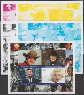 Madagascar 2018 Icons of 20th Century - J F Kennedy, Elvis, Churchill & Marilyn Munroe - imperf set of 5 progressive sheets comprising the 4 individual colours and completed design unmounted mint. Note this item is privately produ……Details Below