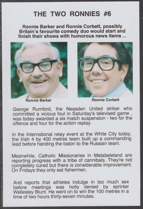 Cinderella - The Two Ronnies #06 Glossy card 150 x 100 mm showing Ronnie B & Ronnie C and 4 of their humorous news items