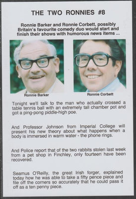 Cinderella - The Two Ronnies #08 Glossy card 150 x 100 mm showing Ronnie B & Ronnie C and 4 of their humorous news items