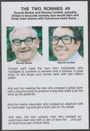 Cinderella - The Two Ronnies #09 Glossy card 150 x 100 mm showing Ronnie B & Ronnie C and 4 of their humorous news items