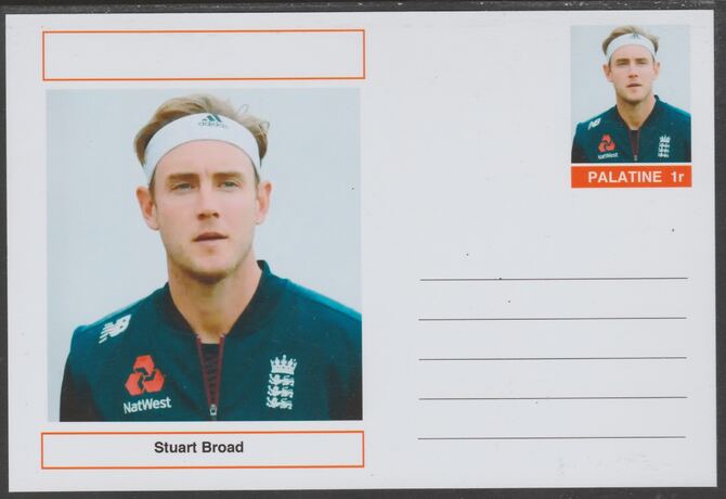 Palatine (Fantasy) Personalities - Stuart Broad (cricket) postal stationery card unused and fine