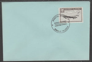 Guernsey - Alderney 1971 POSTAL STRIKE unaddressed cover bearing 6d Douglas DC-3 cancelled with World Delivery postmark