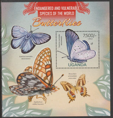 Uganda 2013 Endangered Species - Butterflies perf souvenir sheet,containing 1 value unmounted mint.