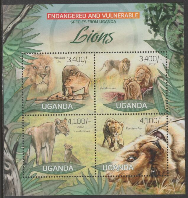 Uganda 2012 Endangered Species - Lions #2 perf sheetlet containing 4 values unmounted mint.