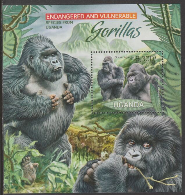 Uganda 2012 Endangered Species - Gorillas perf souvenir sheet,containing 1 value unmounted mint.