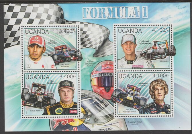 Uganda 2012 Formula 1 perf sheetlet containing 4 values unmounted mint.