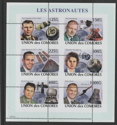 Comoro Islands 2008,Astronauts sheetlet containg 6 value with vertical and horizontal perforations grossly misplaced, unmounted mint