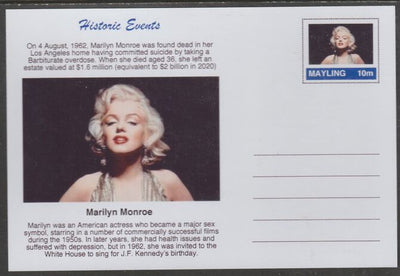 Mayling (Fantasy) Historic Events - Death of Marilyn Monrioe - glossy postal stationery card unused and fine