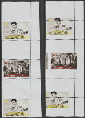 Westpoint Island (Falkland Islands) 1999 Elvis Presley & Scene from Film strip of 3 with perforations and centre stamp misplaced complete with normal, both unmounted mint