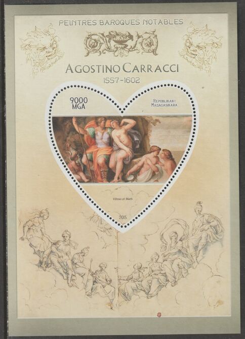 Madagascar 2015 Baraque Painters - Agostino Carracci perf deluxe sheet containing one heart shaped value unmounted mint