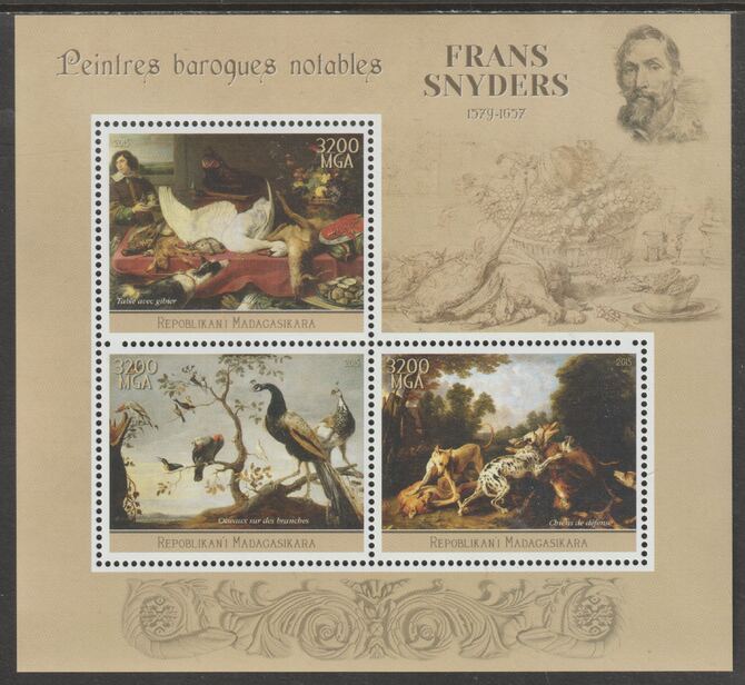 Madagascar 2015 Baraque Painters - Frans Snyders perf sheetlet containing 3 values unmounted mint