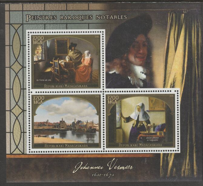 Madagascar 2015 Baraque Painters - Johannes Vermeer perf sheetlet containing 3 values unmounted mint