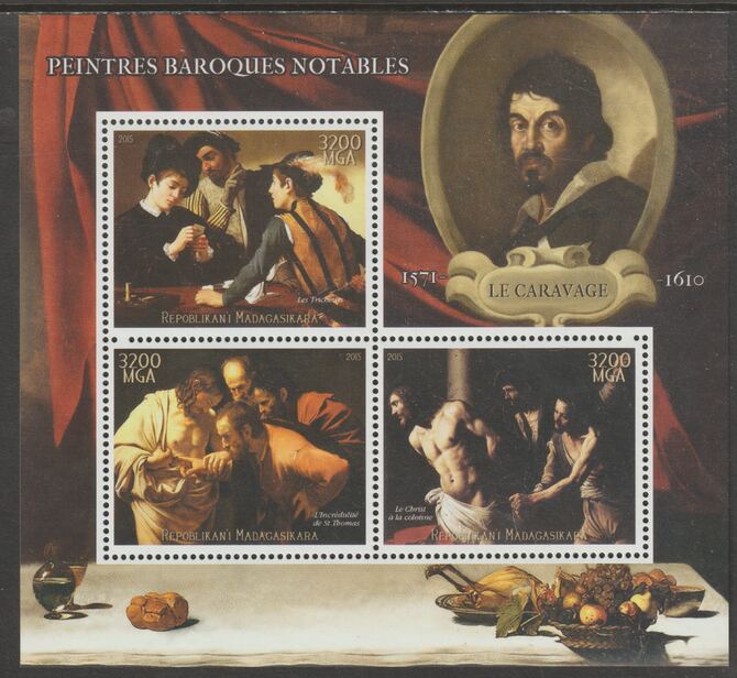Madagascar 2015 Baraque Painters - Caravagio perf sheetlet containing 3 values unmounted mint
