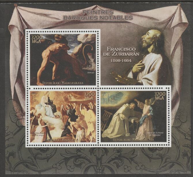 Madagascar 2015 Baraque Painters - Francisco de Zurbaran perf sheetlet containing 3 values unmounted mint