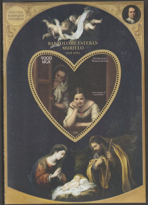 Madagascar 2015 Baraque Painters - Bartoleme Esteban Murillo perf deluxe sheet containing one heart shaped value unmounted mint