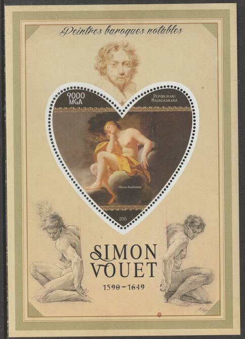 Madagascar 2015 Baraque Painters - Simon Vouet perf deluxe sheet containing one heart shaped value unmounted mint