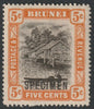 Brunei 1908 River Scene MCA 5c black & orange overprinted SPECIMEN with gum and only about 400 produced SG 40s