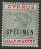 Cyprus 1894 QV Key Plate 1/2pi overprinted SPECIMEN without gum and only about 750 produced SG 40s
