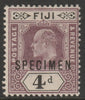 Fiji 1903 KE7 Key Plate Crown CA 4d overprinted SPECIMEN with gum and only about 750 produced SG 109s