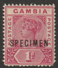 Gambia 1898 QV Key Plate 1d overprinted SPECIMEN with gum but short corner, only about 750 produced SG 38s