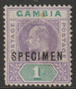 Gambia 1903 KE7 Crown CA Key Plate 1s overprinted SPECIMEN part original gum, only about 750 produced SG 52s