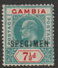 Gambia 1904 KE7 MCA Key Plate 7.5d overprinted SPECIMEN with gum and only about 750 produced SG 85s