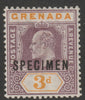 Grenada 1902 KE7 Crown CA Key Plate 3d overprinted SPECIMEN fine with gum and only about 750 produced SG 61s