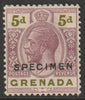 Grenada 1921 KG5 Script CA 5d overprinted SPECIMEN (type D16) poor gum and only about 400 produced SG 124s