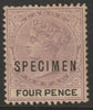Lagos 1887 QV Crown CA 4d overprinted SPECIMEN overall toning only about 750 produced SG 33s
