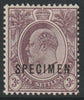 Malaya - Straits Settlements 1903 KE7 Crown CA 3c purple overprinted SPECIMEN with gum and only about 750 produced SG 124s