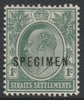 Malaya - Straits Settlements 1903 KE7 Crown CA 1c grey-green overprinted SPECIMEN with gum and only about 750 produced SG 123s