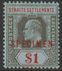 Malaya - Straits Settlements 1906 KE7 MCA $1 overprinted SPECIMEN with gum and only about 750 produced SG 165s