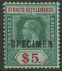 Malaya - Straits Settlements 1912 KG5 MCA $5 with white back overprinted SPECIMEN with gum and only about 400 produced SG 212s