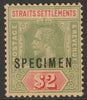 Malaya - Straits Settlements 1912 KG5 MCA $2 overprinted SPECIMEN without gum but only about 400 produced SG 211s