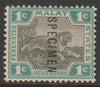 Malaya - Federated Malay States 1900 Tiger Crown CA 1c overprinted SPECIMEN without gum but only about 750 produced SG 15s