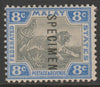 Malaya - Federated Malay States 1900 Tiger Crown CA 8c overprinted SPECIMEN without gum but only about 750 produced SG 19s