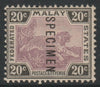 Malaya - Federated Malay States 1900 Tiger Crown CA 20c overprinted SPECIMEN without gum but only about 750 produced SG 21s