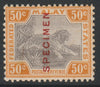 Malaya - Federated Malay States 1904 Tiger MCA 50c overprinted SPECIMEN with gum and only about 750 produced SG 47s