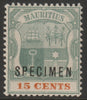Mauritius 1900 Arms Crown CA 15c overprinted SPECIMEN with gum and only about 750 produced SG 149s