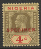 Nigeria 1921 KG5 Multiple Script 4d overprinted SPECIMEN with gum and only about 400 produced SG 24s