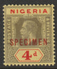 Nigeria 1914 KG5 MCA 4d white back overprinted SPECIMEN fine with gum and only about 400 produced SG 6s