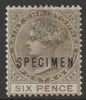 St Christopher 1882-90 QV Crown CA 6d overprinted SPECIMEN with gum but small thin, only 345 produced SG19s