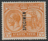 St Kitts-Nevis 1920 KG5 Pictorial MCA 1.5d overprinted SPECIMEN with gum but light crease, only about 400 produced SG26s