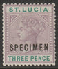 St Lucia 1886 QV die I - 3d overprinted SPECIMEN with gum, only 345 produced SG40s